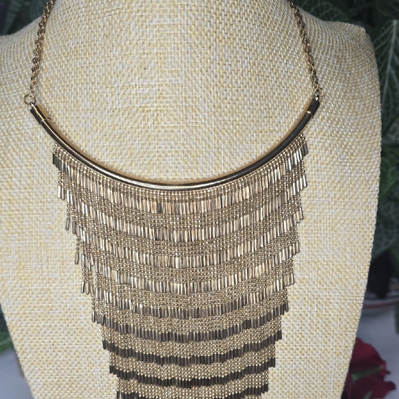 Rose Gold Tone Metal Fringe Bib Statement Necklace - Picture 2 of 8